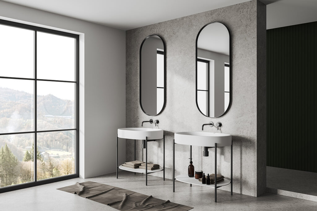 White and concrete bathroom corner with double sink